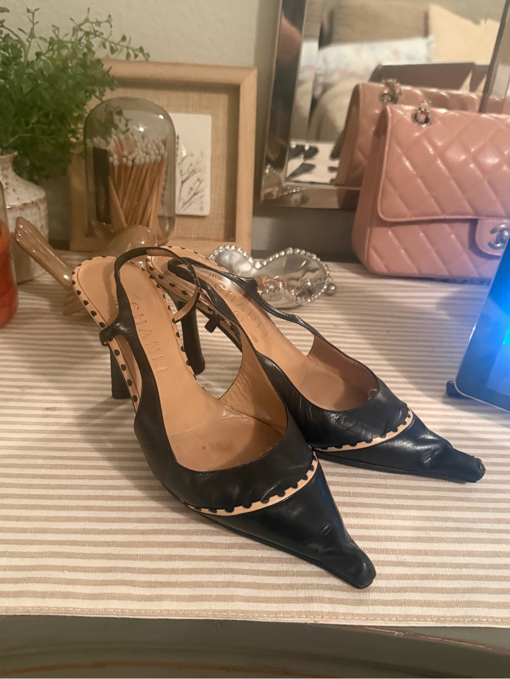2004 CHANEL Women’s Black Pointed Slingback Heels with Contrast Trim